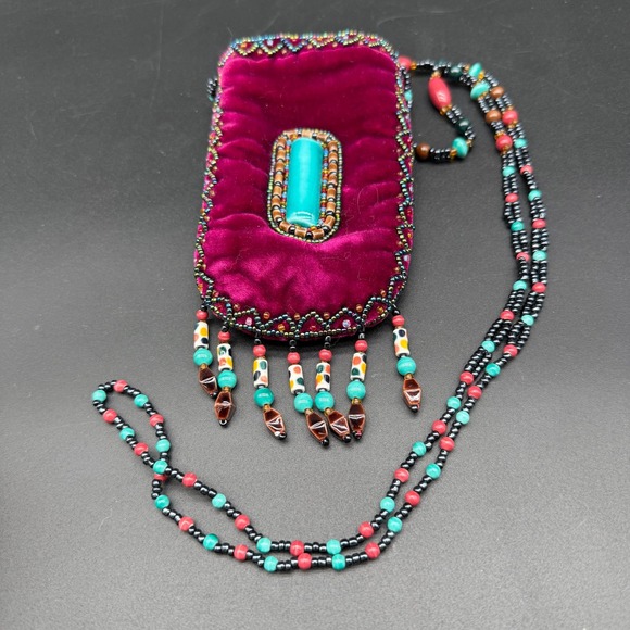 Vintage Velvet Beaded Pouch Purse With Long Fringe and Turquoise Accent - Picture 1 of 5